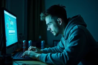 Jeune homme épuisé devant un ordinateur portable affichant un site de jeux en ligne, signaux d'addiction aux jeux d'argent