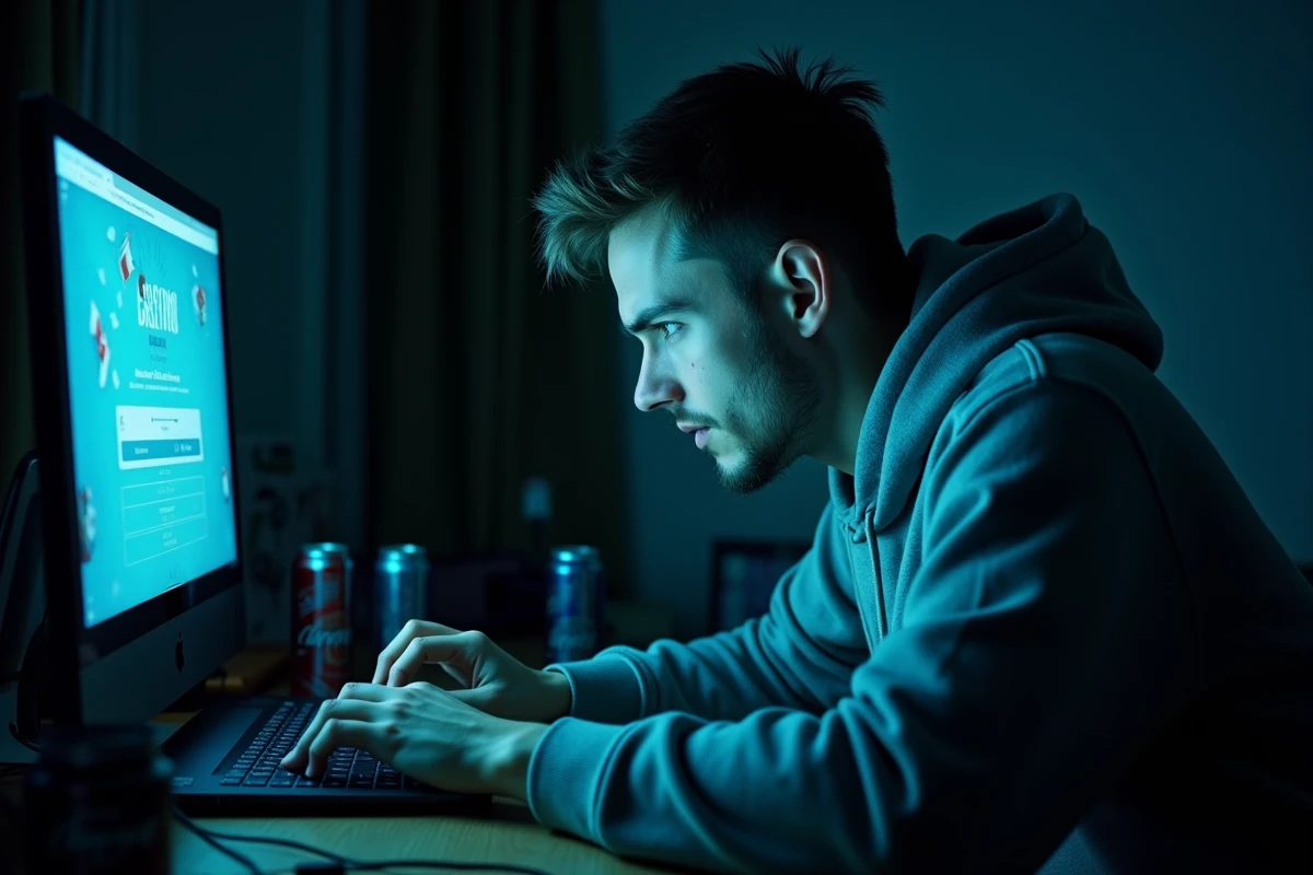 Jeune homme épuisé devant un ordinateur portable affichant un site de jeux en ligne, signaux d'addiction aux jeux d'argent
