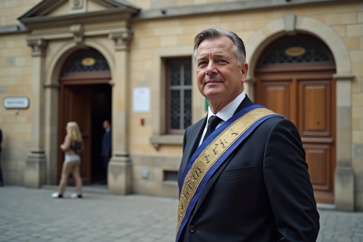 Adjoint au maire portant l'écharpe tricolore devant l'entrée d'une mairie française en pierres
