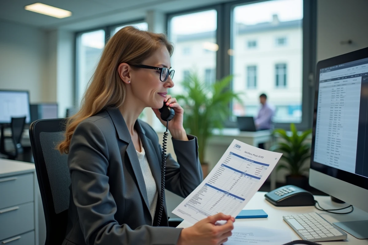 Adjointe au maire dans un bureau administratif municipal moderne consultant une grille de salaire sur papier et écran