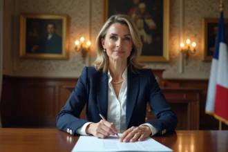Adjointe au maire en réunion dans une salle de conseil municipal française, consultant des documents administratifs officiels