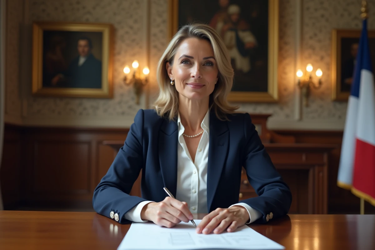 Adjointe au maire en réunion dans une salle de conseil municipal française, consultant des documents administratifs officiels
