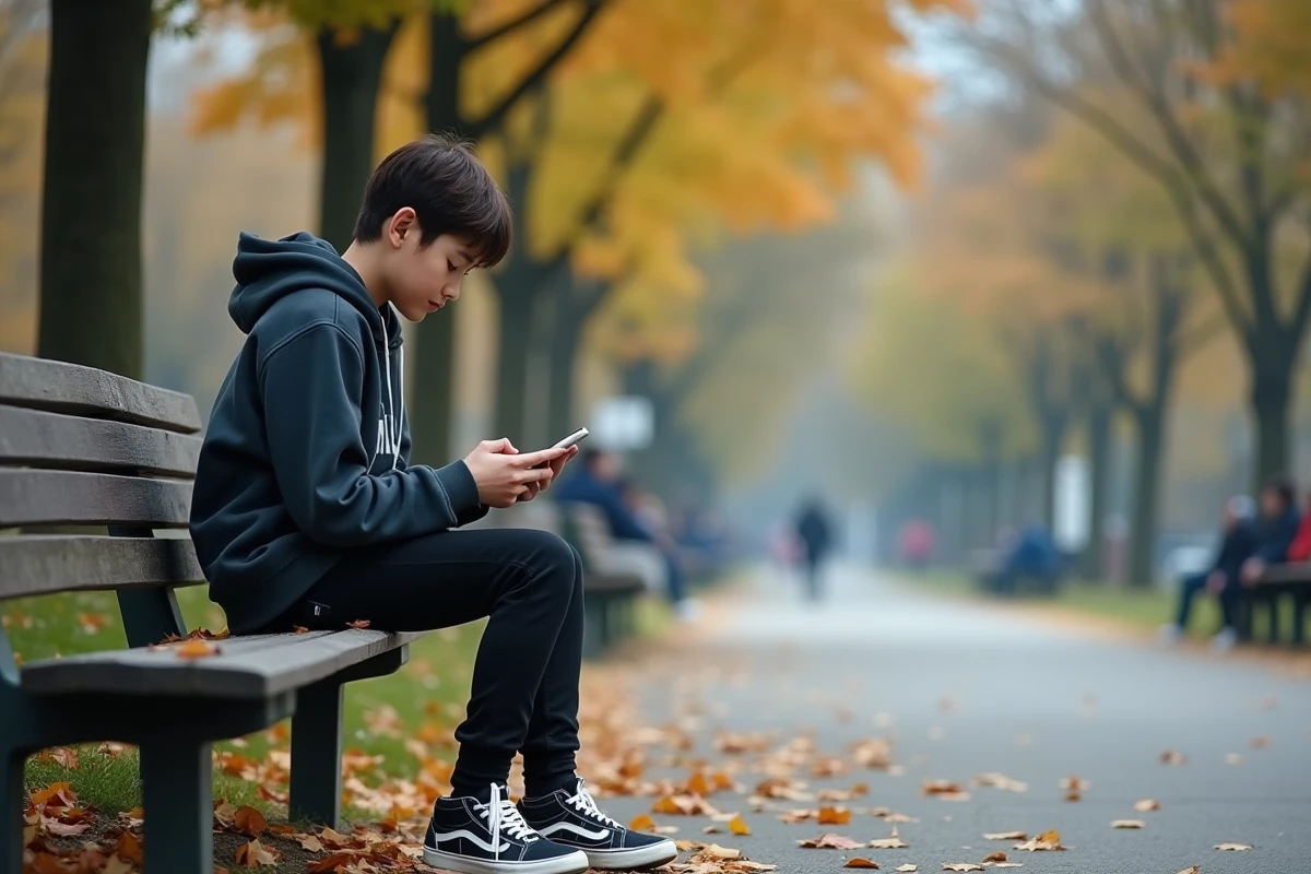 Adolescent lisant manga sur un banc de parc urbain