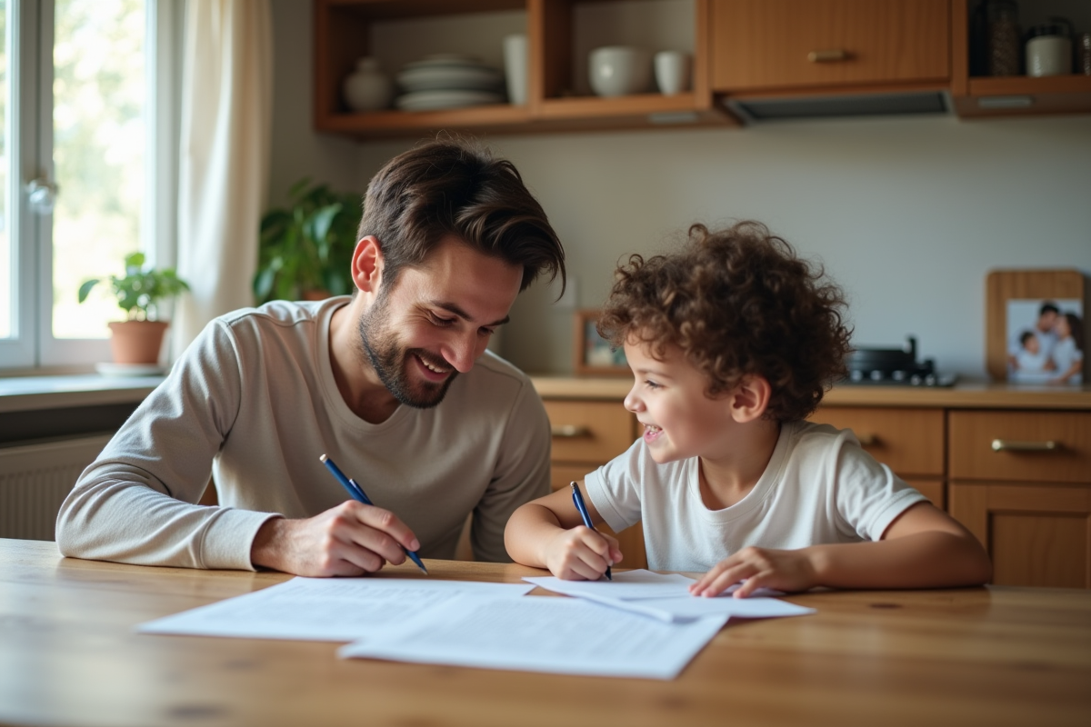 Parent et enfant remplissant papiers d adoption