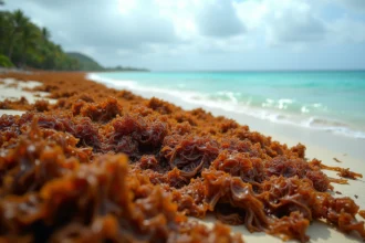 Plage de Guadeloupe envahie par les algues sargasses brunes s'étendant à perte de vue sur le littoral
