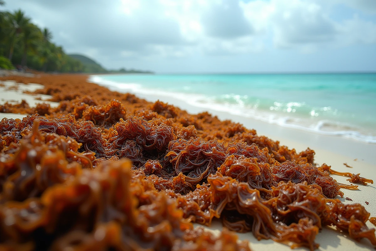 Plage de Guadeloupe envahie par les algues sargasses brunes s'étendant à perte de vue sur le littoral