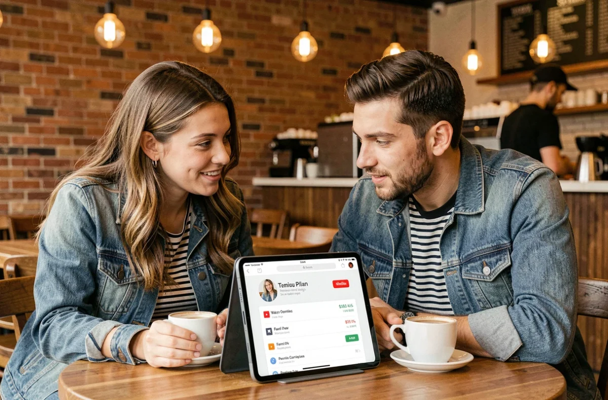 Deux amis discutant des tarifs de l'abonnement YouTube Premium famille autour d'une tablette dans un café urbain