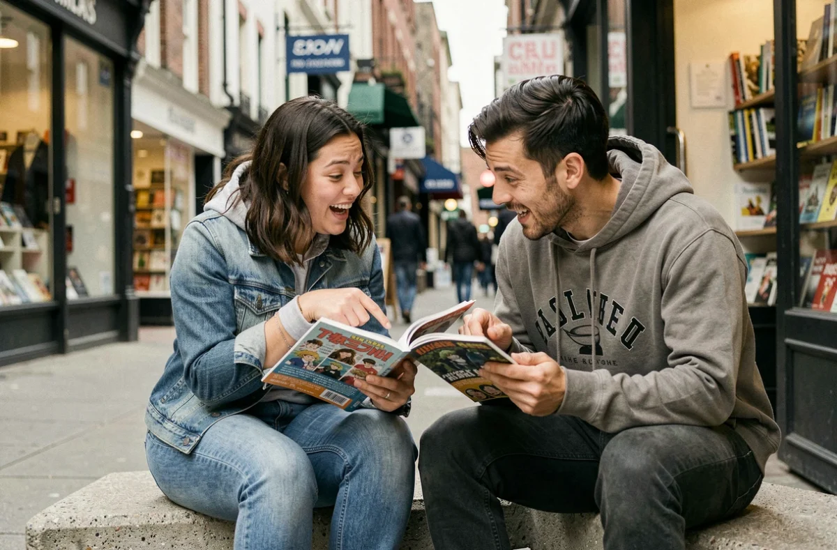 Deux amis discutant de la suite du manga One Piece assis sur un banc urbain devant une librairie