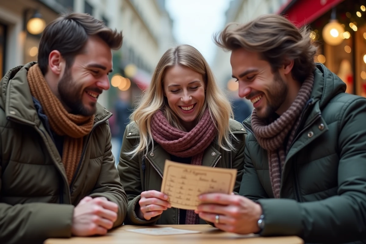 Trois amis comparant leurs tickets calendrier de l