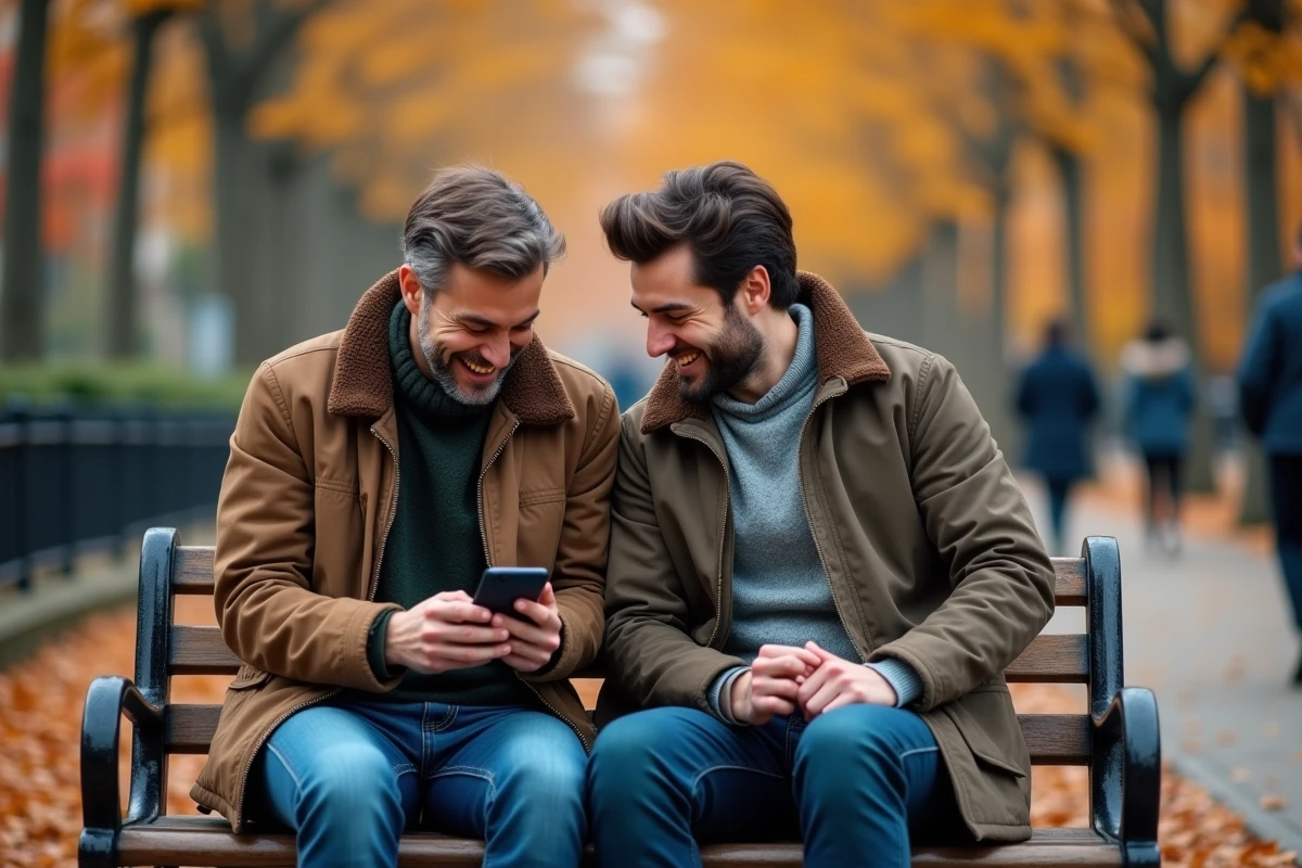 Deux amis assis sur un banc de parc partageant un message d'espoir avec l'emoji croiser les doigts