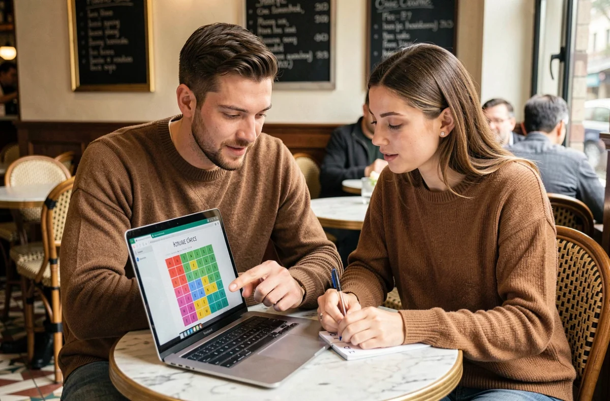 Deux amis collaborant sur le jeu Sutom sur un ordinateur portable dans un café parisien avec décor authentique