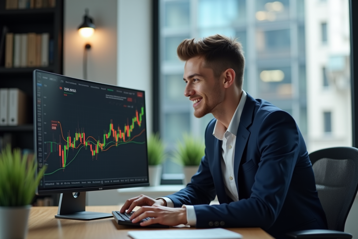 Jeune analyste financier regardant un graphique Dogecoin