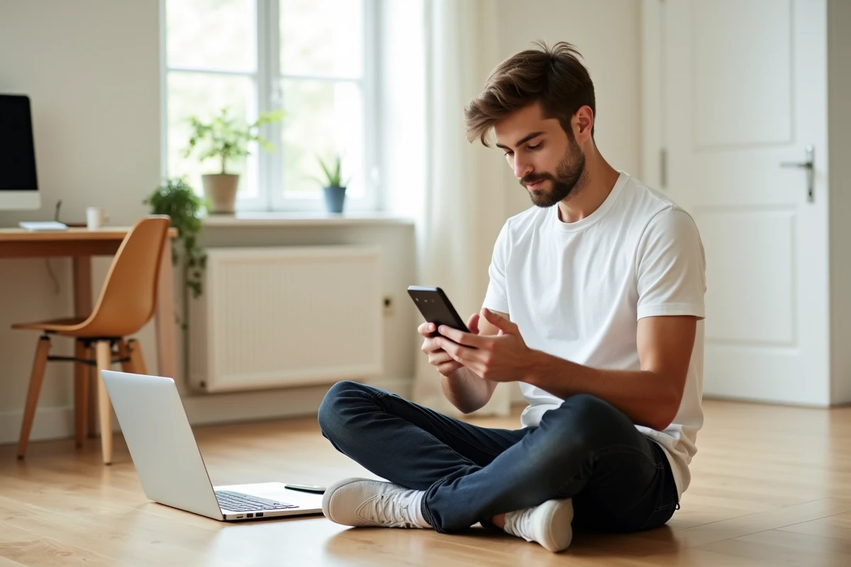 Jeune entrepreneur optimisant ses annonces depuis son smartphone à domicile