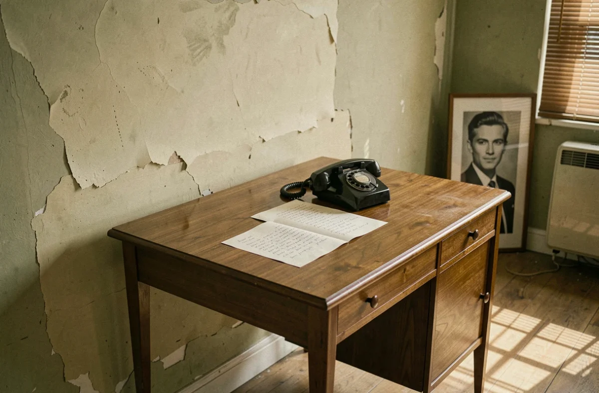 Intérieur d'appartement parisien années 1970 avec bureau en bois, téléphone à cadran et lettre manuscrite évoquant la solitude et le mystère entourant la mort de Mike Brant