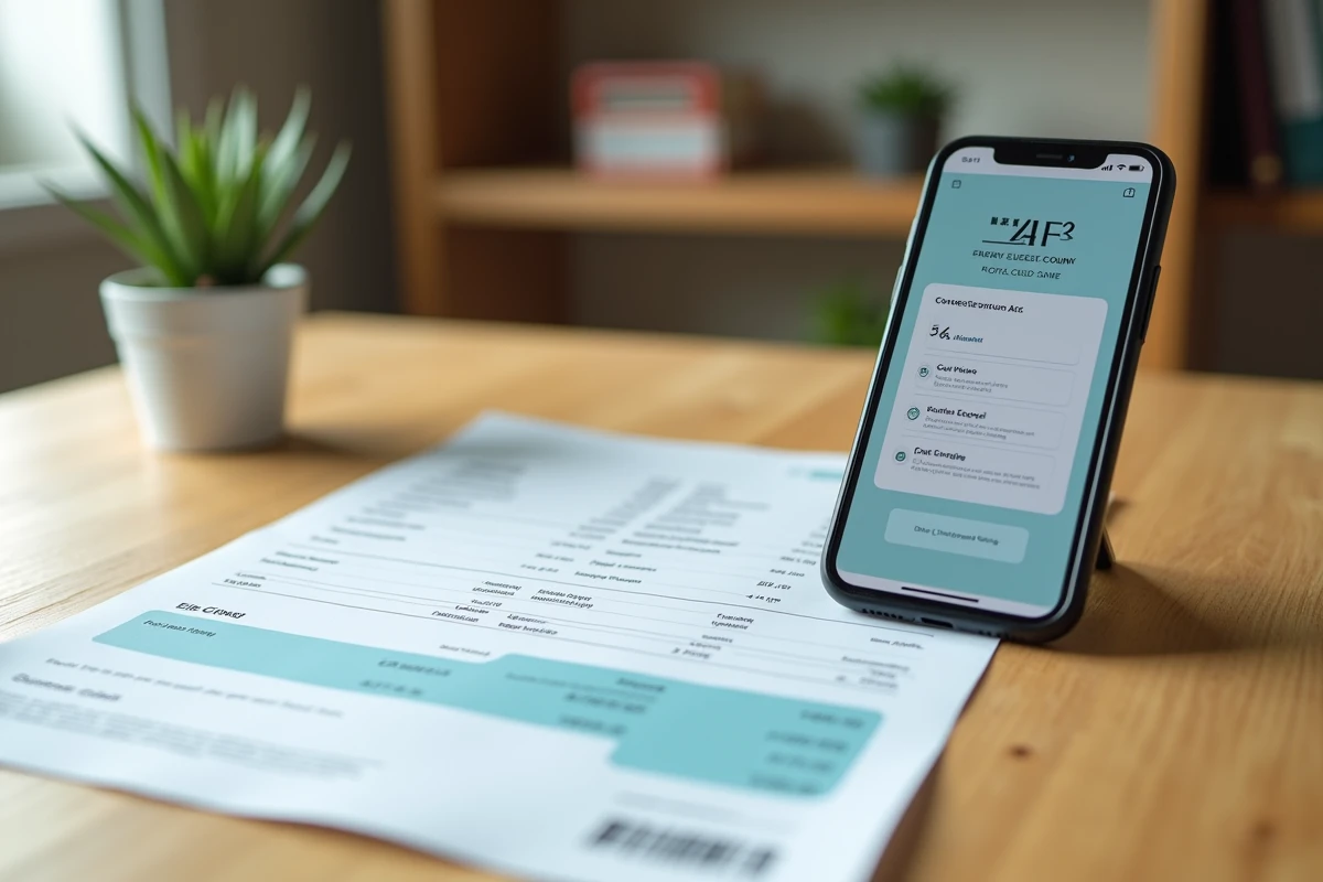 Smartphone affichant l'application compte client EDF ENR posé sur un bureau avec une facture d'électricité