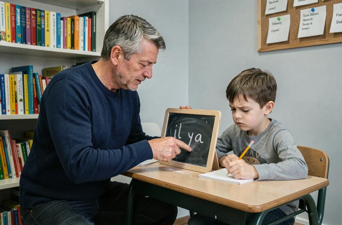 Un père aide son fils à comprendre l'orthographe correcte de 'il y a' devant un petit tableau ardoise