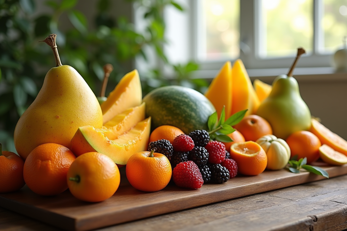 Assortiment de fruits frais commençant par M sur une table en bois