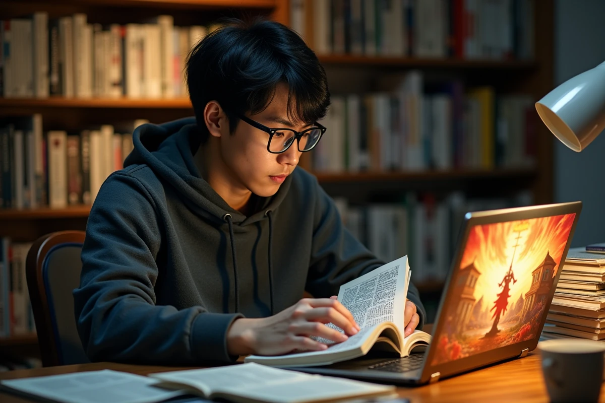 Jeune auteur manga lisant un volume de manhwa fantasy à son bureau encombré de livres illustrés