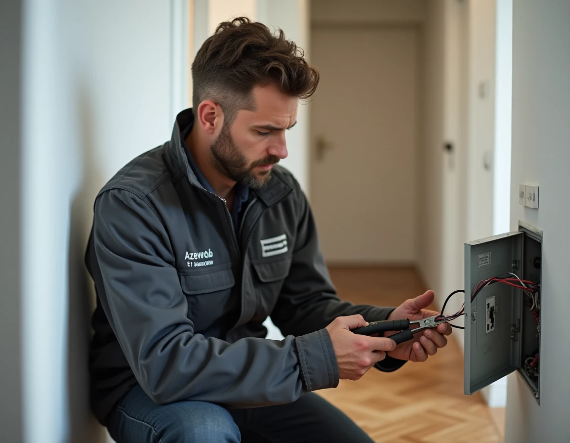 Électricien d'Azevedo Et Associes Sarl travaillant sur un tableau électrique dans un appartement moderne