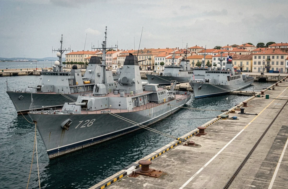 Vue panoramique de la rade de Toulon avec les navires de guerre de la Marine nationale amarrés au port militaire