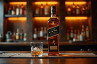 Bouteille de Johnnie Walker Black Label posée sur un comptoir de bar en chêne avec un verre tumbler et un glaçon, étiquette bien visible