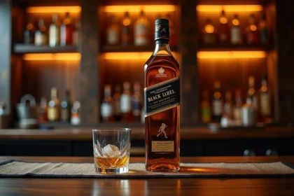Bouteille de Johnnie Walker Black Label posée sur un comptoir de bar en chêne avec un verre tumbler et un glaçon, étiquette bien visible