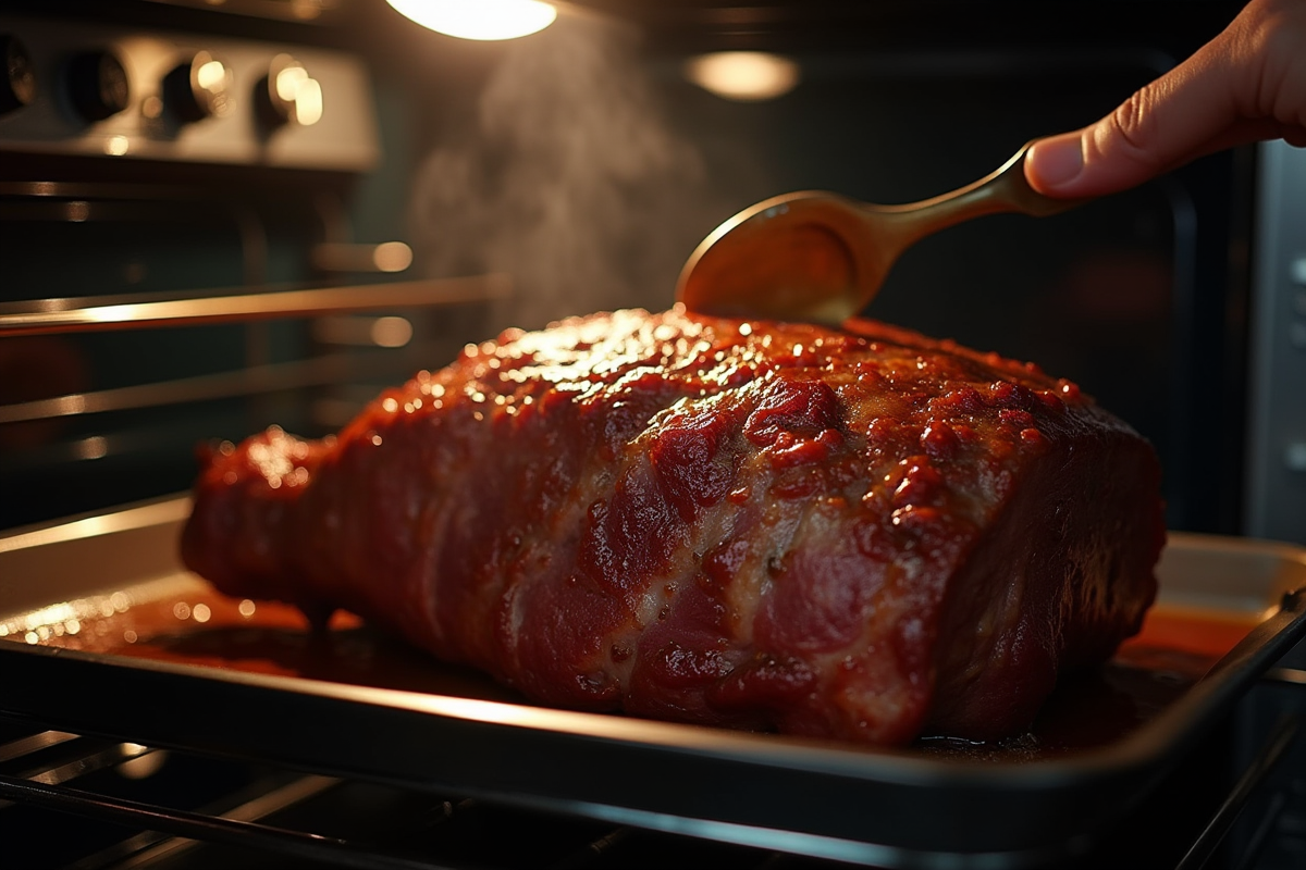 Boeuf en train d être badigeonné dans un four moderne avec croûte dorée
