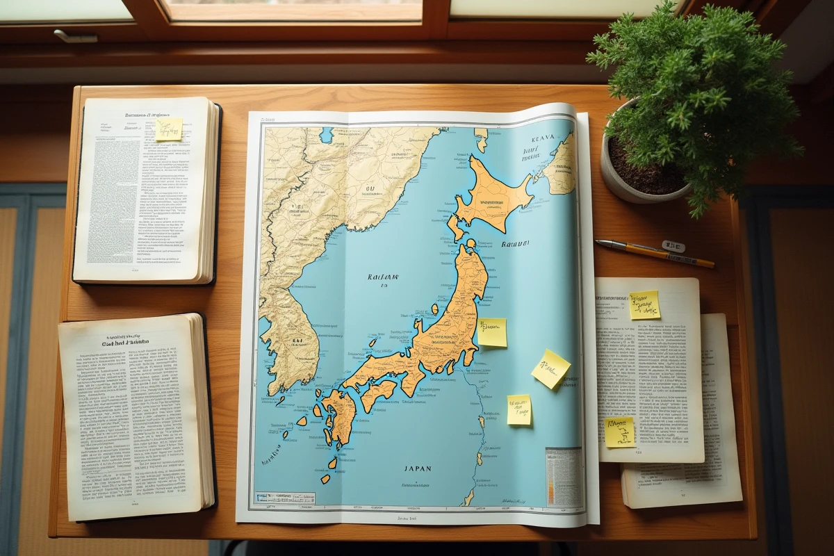 Bureau avec carte du Japon, dictionnaire bilingue japonais-français et cahiers de mots fléchés annotés de noms de villes japonaises