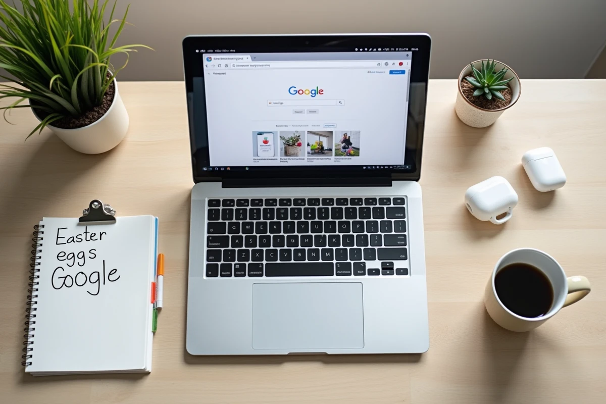 Vue aériale d'un bureau avec laptop affichant l'animation Do a Barrel Roll de Google et des notes manuscrites sur les easter eggs