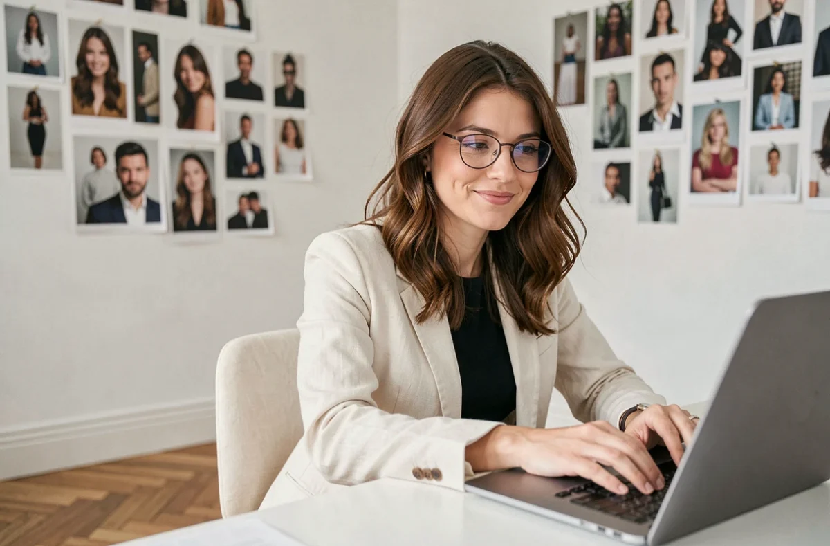 Camille Decugis, photographe portraitiste au style éditorial, travaillant sur son ordinateur dans un loft parisien