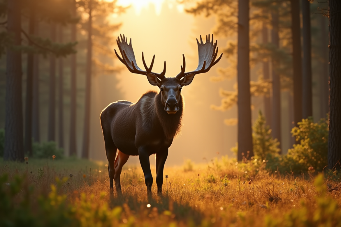 Cerf majestueux dans une forêt en matinée ensoleillée