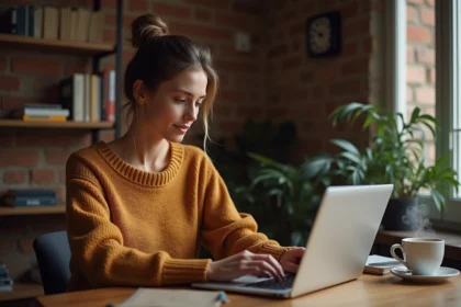 Jeune femme utilisant ChatGPT en français sur un ordinateur portable dans un appartement parisien