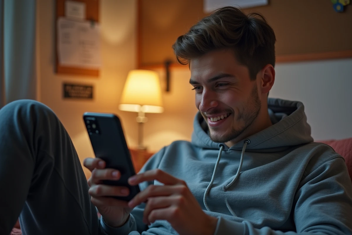 Étudiant accédant à ChatGPT gratuitement en français sur smartphone dans une chambre universitaire