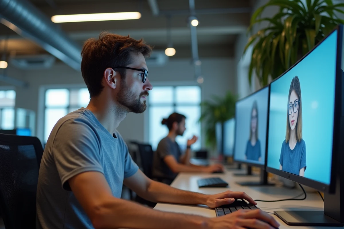 Homme utilisant une interface IA en français dans un espace de coworking moderne sans inscription