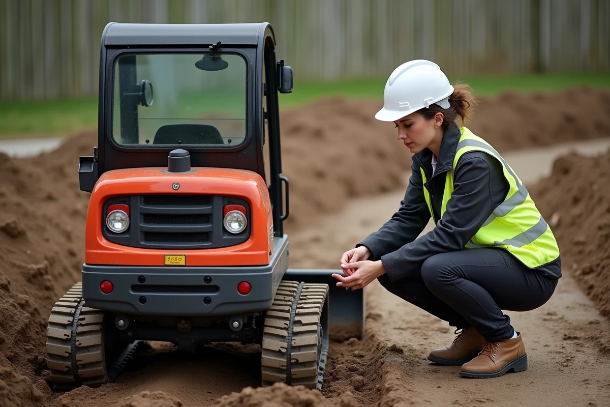 Conductrice de chantier lisant la plaque de capacité de charge d'un mini dumper sur un chantier de jardinage