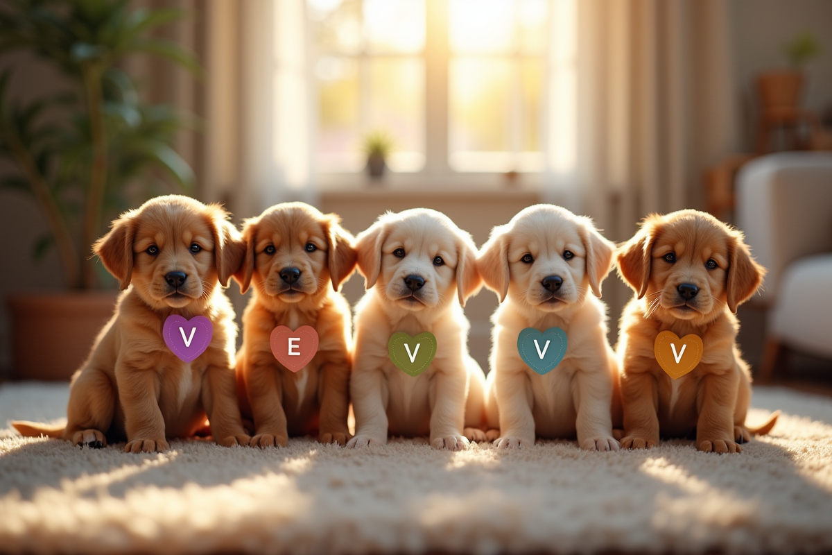 Plusieurs chiots mâles de races différentes avec noms en V dans un salon chaleureux