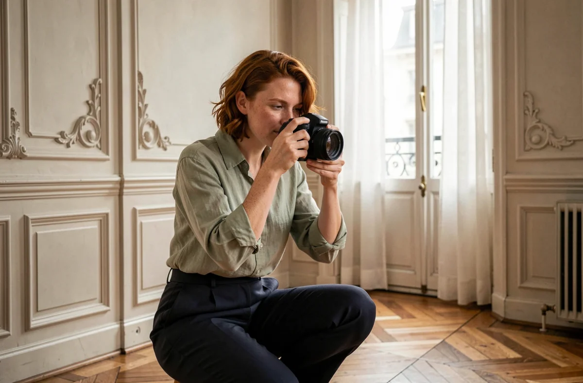 Chloé Hautier, photographe portraits parisiens, en action dans un appartement haussmannien classique