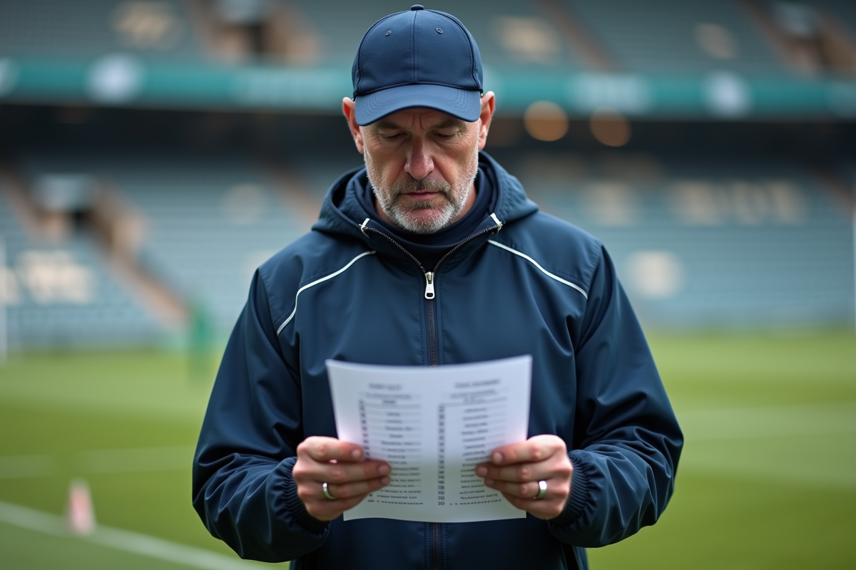 Entraineur de rugby regardant une liste de classement sur le terrain