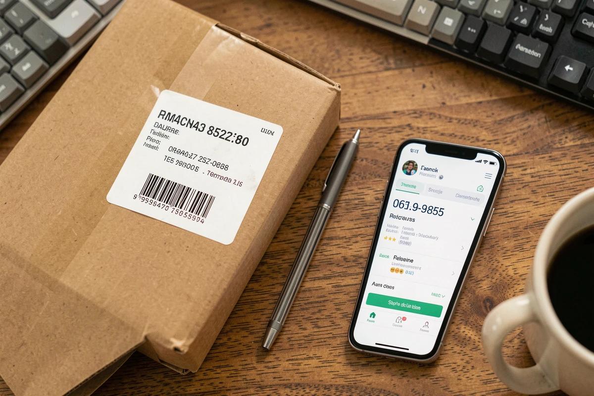 Colis Amazon avec étiquette de suivi et numéro de téléphone affiché sur smartphone posés sur un bureau en bois