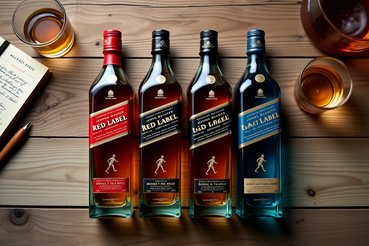 Vue de dessus de quatre bouteilles Johnnie Walker alignées — Red, Black, Double Black et Blue Label — avec carnet de dégustation sur bois rustique