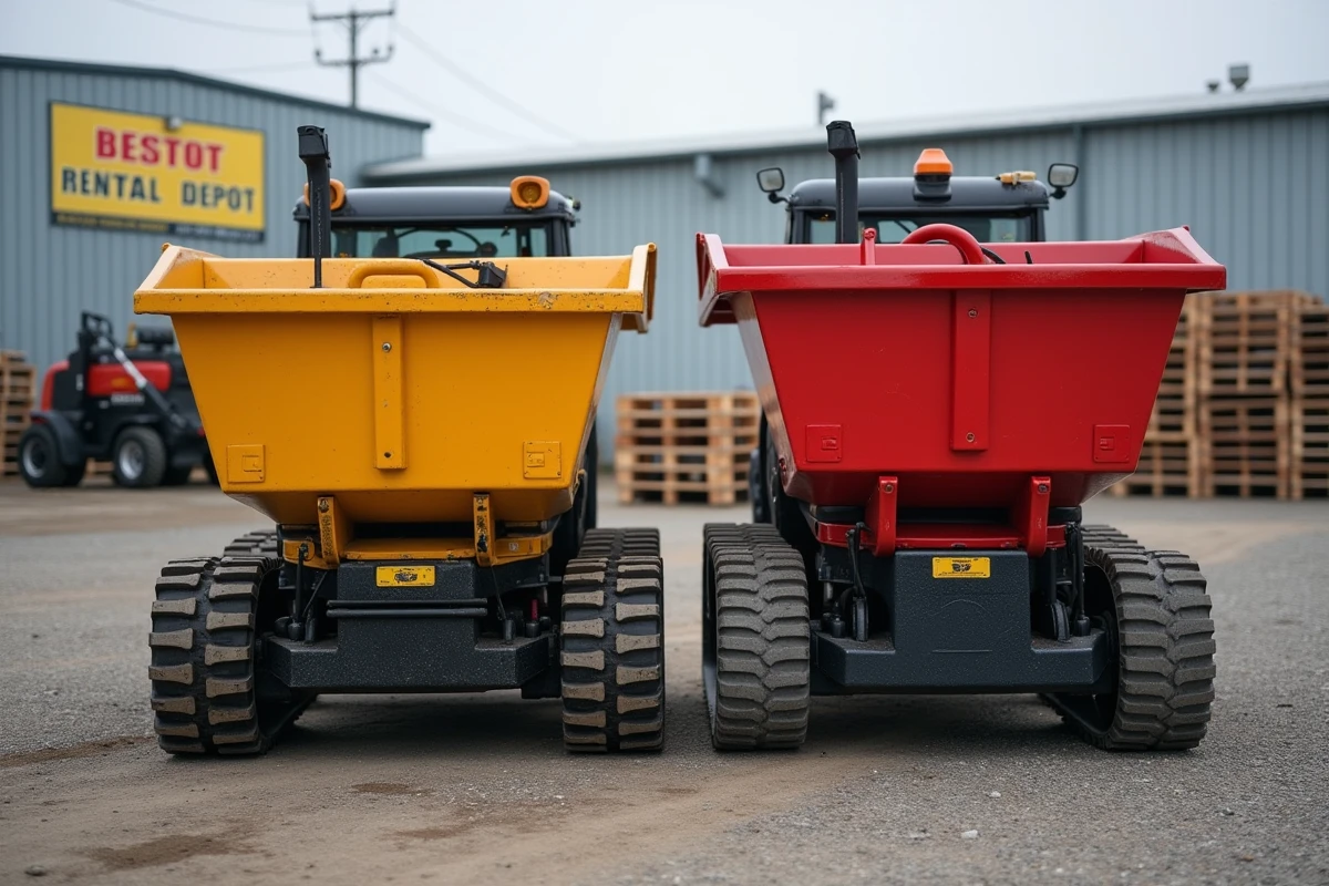 Comparaison de deux mini dumpers de capacités différentes côte à côte dans un dépôt de location de matériel