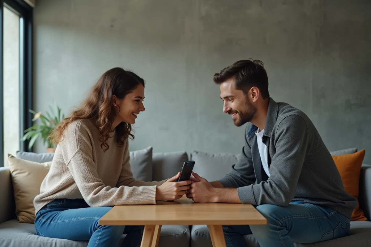 Deux personnes connectées via une application de chat vidéo anonyme sur smartphone dans un appartement moderne