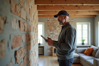 Consultant énergie inspectant murs isolés d'une maison