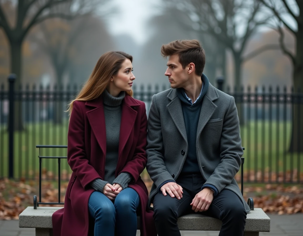 Couple en conversation sérieuse dans un jardin en automne, illustrant les tensions et vérités dans une relation