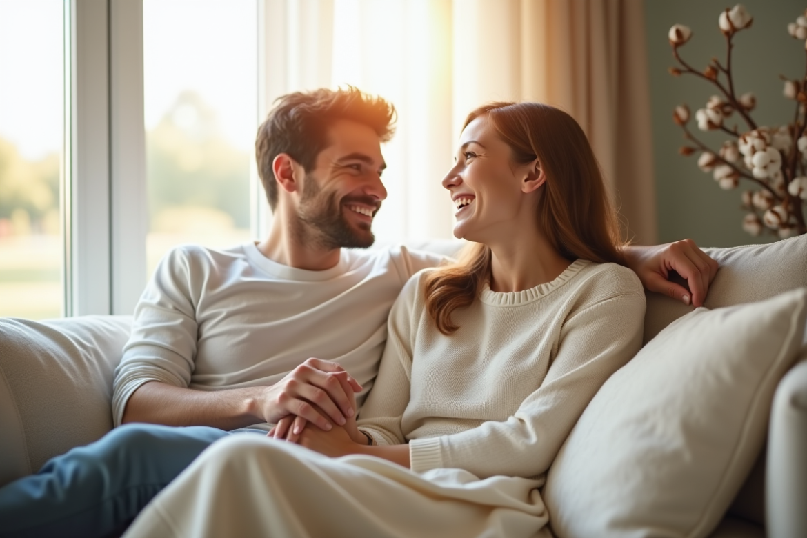 Jeune couple marié riant sur un canapé cosy