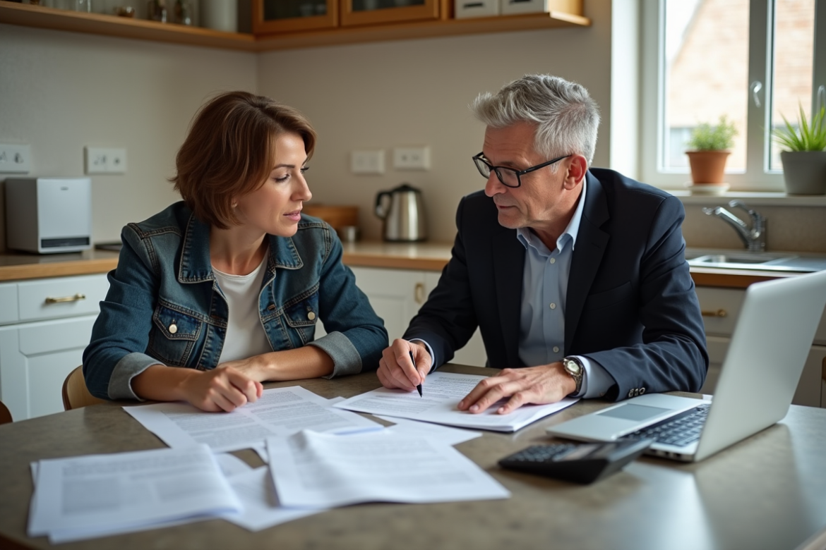 Couple discutant de documents immobiliers dans une cuisine lumineuse