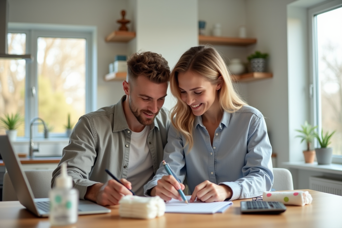 Jeune couple discutant finances avec bébé à la maison