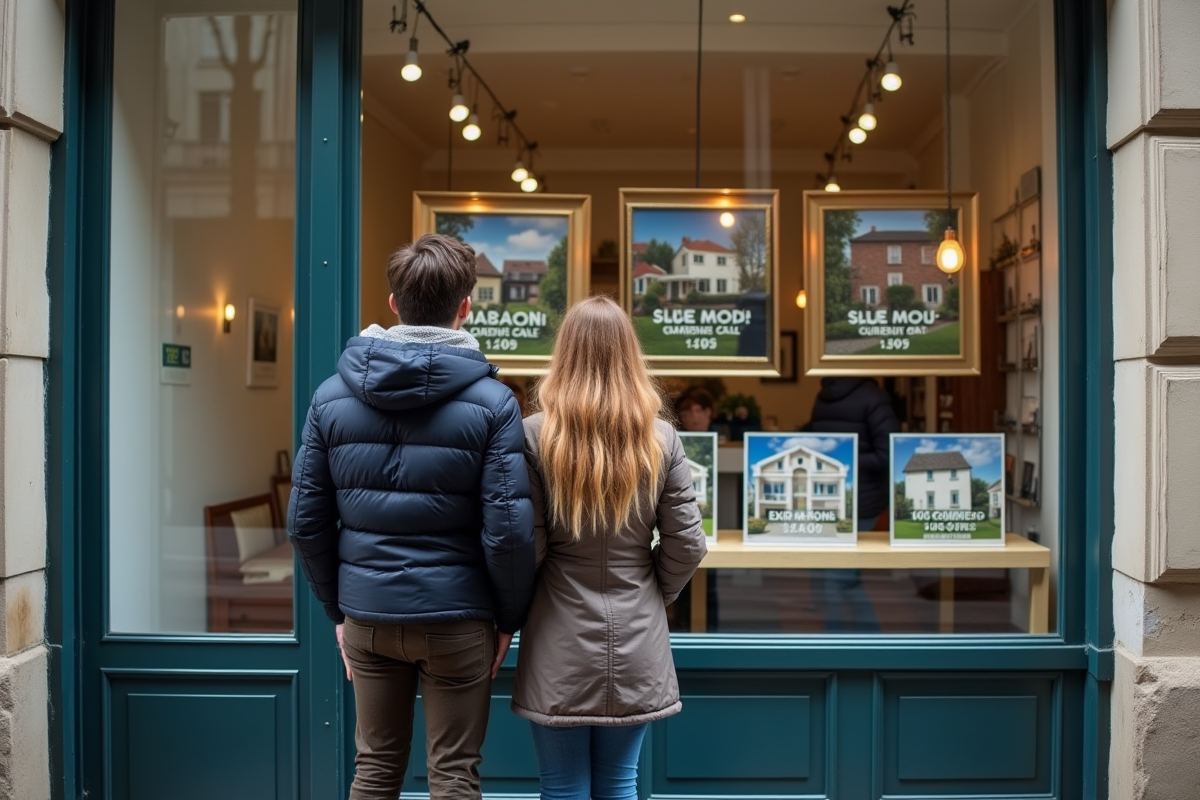 Jeune couple français discute devant une agence immobiliere