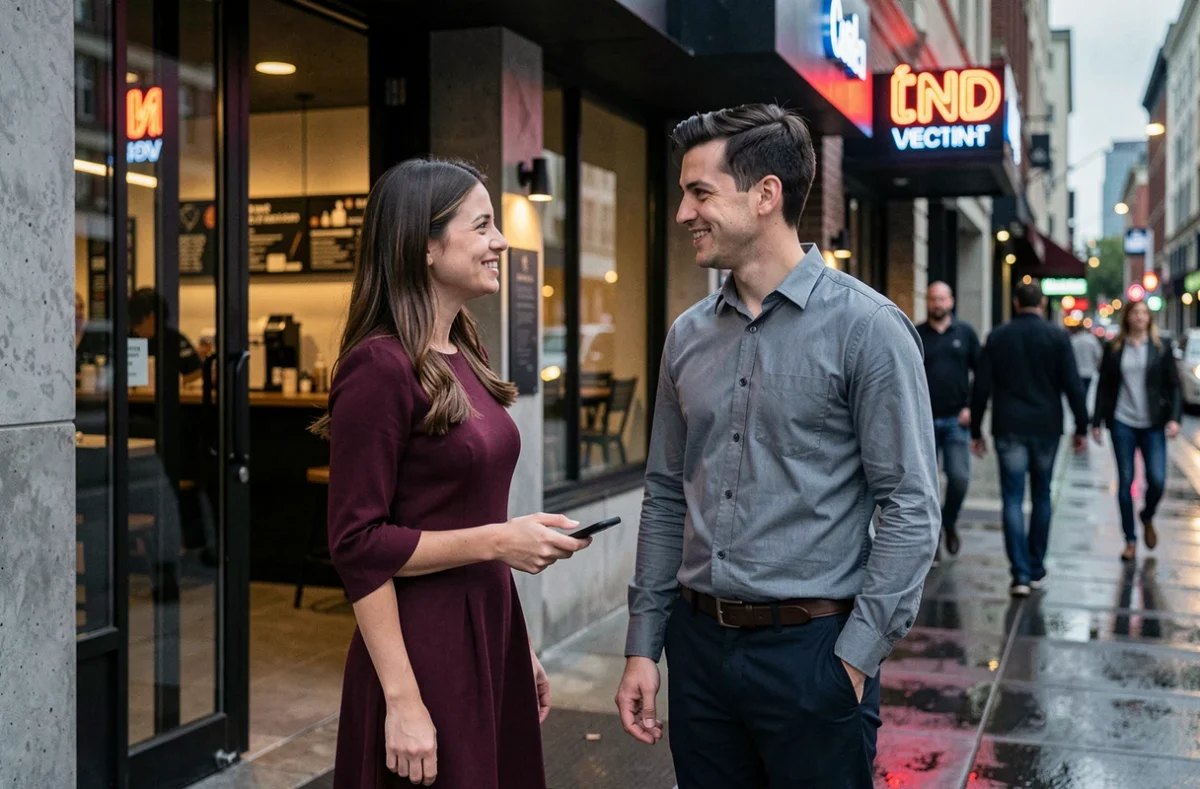 Couple se rencontrant pour la première fois devant un restaurant après s'être connus sur smartphone