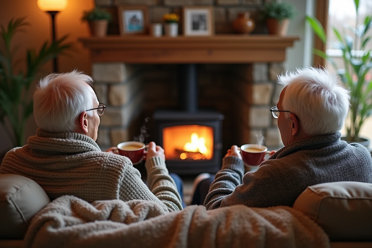 Couple âgé profitant d un thé devant la cheminée